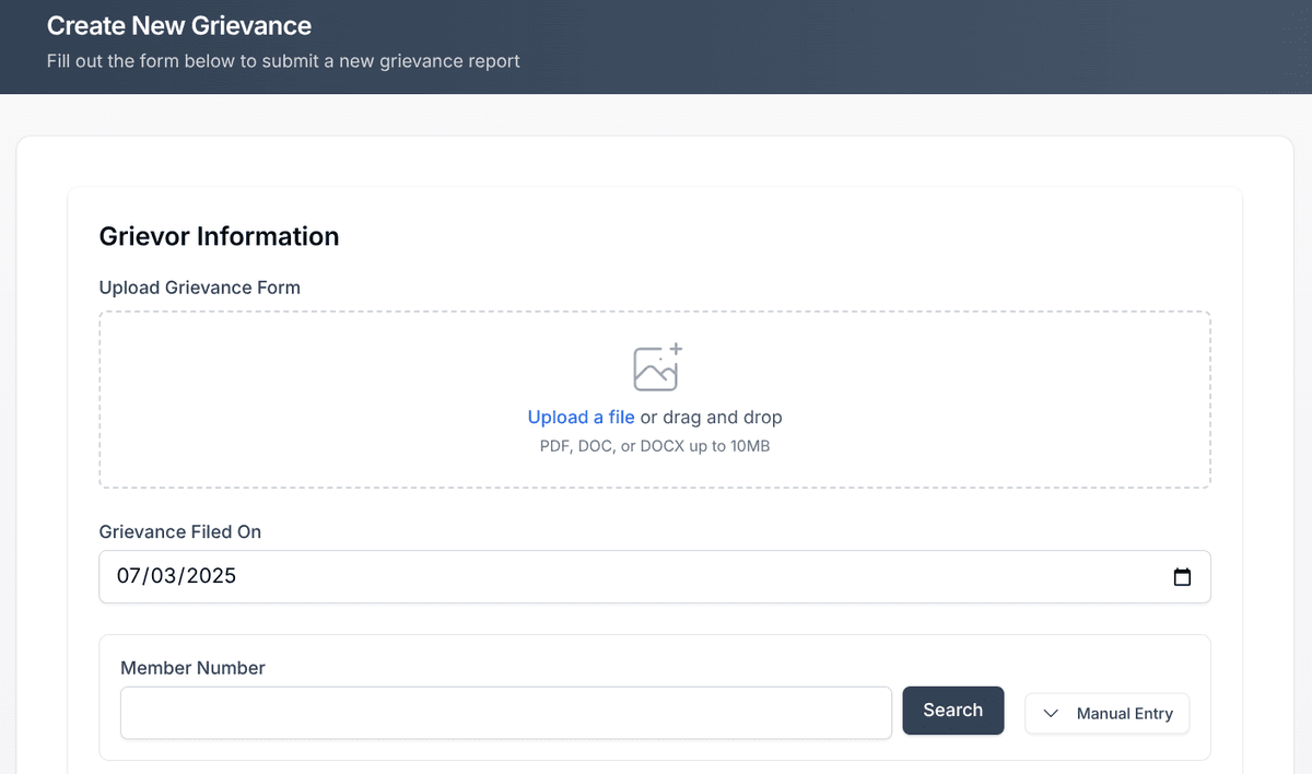 Grievance creation interface